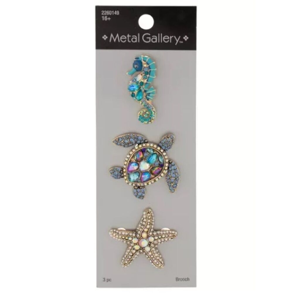 New Metal Gallery Ocean Trio Brooch Set - Turquoise & Iridescent